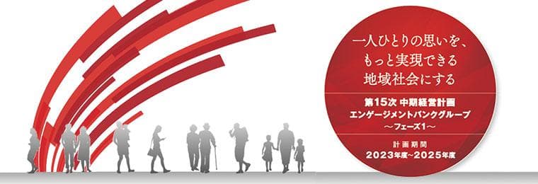 一人ひとりの思いを、もっと実現できる地域社会にする　第15次 中期経営計画　エンゲージメントバンクグループ～フェーズ1～　計画期間：2023年度～2025年度