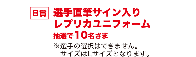 【B賞】選手直筆サイン入りレプリカユニフォーム 抽選で10名さま ※選手の選択はできません。サイズはLサイズとなります。