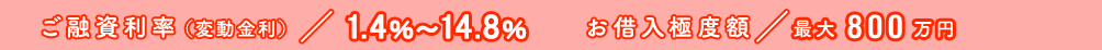 ご融資利率（変動金利）／1.4%~14.8%　お借入極度額／最大800万円