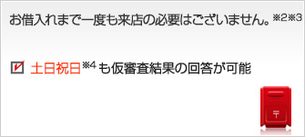 お借入れまで一度も来店の必要はございません。※2※3　仮審査結果は最短即日回答が可能　土日祝日※4も仮審査結果の回答が可能　所得証明書のご提出が不要※5