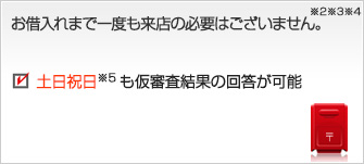 お借入れまで一度も来店の必要はございません。※2※3※4　仮審査結果は最短即日回答が可能　土日祝日※5も仮審査結果の回答が可能　所得証明書のご提出が不要※6