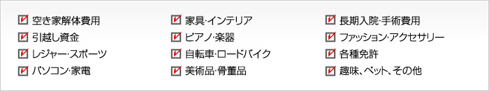 空き家解体費用、引越し資金、レジャー･スポーツ、パソコン・家電、家具・インテリア、ピアノ・楽器、自転車・ロードバイク、美術品・骨董品、長期入院・手術費用、ファッション・アクセサリー、各種免許、趣味、ペット、その他