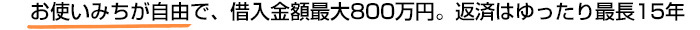 お使いみちが自由で、借入金額最大800万円。返済はゆったり最長15年