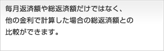 毎月返済額や総返済額だけではなく、他の金利で計算した場合の総返済額との比較ができます。