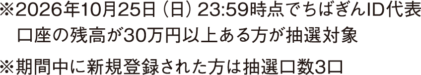 ※2026年10月25日（日）23:59時点でちばぎんID代表口座の残高が30万円以上ある方が抽選対象※期間中に新規登録された方は抽選口数3口