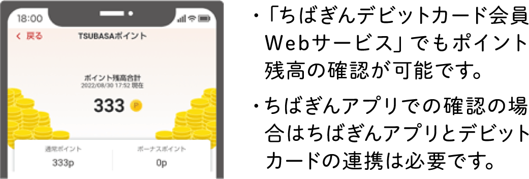 ・「ちばぎんデビットカード会員Webサービス」でもポイント残高の確認が可能です。・ちばぎんアプリでの確認の場合はちばぎんアプリとデビットカードの連携は必要です。