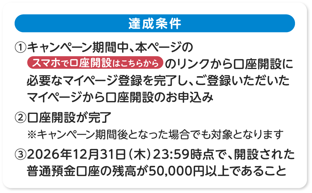 達成条件 ①キャンペーン期間中、本ページのスマホで口座開設はこちらからのリンクから口座開設に必要なマイページ登録を完了し、ご登録いただいたマイページから口座開設のお申込み　②口座開設が完了　※キャンペーン期間後となった場合でも対象となります　③2026年12月31日（木）23:59時点で、開設された普通預金口座の残高が50,000円以上であること
