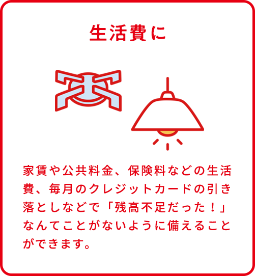 生活費に。家賃や公共料金、保険料などの生活費、毎月のクレジットカードの引き落としなどで「残高不足だった！」なんてことがないように備えることができます。