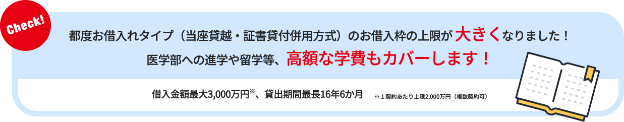 都度お借入れタイプ（当座貸越・証書貸付併用方式）のお借入枠の上限が大きくなりました！ 医学部への進学や留学等、高額な学費もカバ
