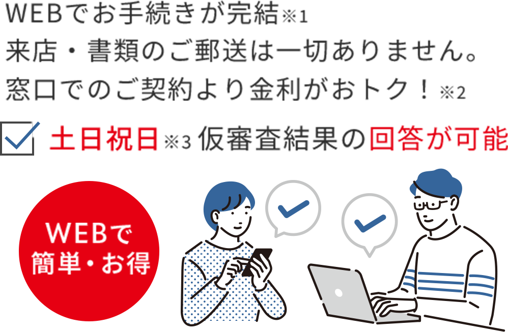WEBでのお手続きが完結※1来店・書類のご郵送は一切ありません。※2窓口でのご契約より金利がおトク！※3