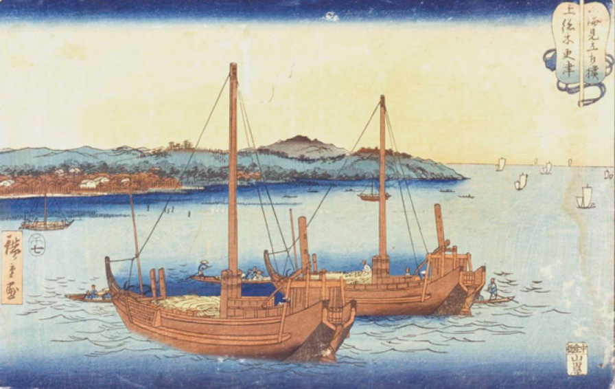 浮世絵にも描かれた木更津船（歌川広重作「山海見立相撲」、木更津市郷土博物館 金のすず提供）