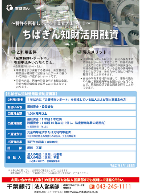 ちばぎん知財活用融資のチラシ