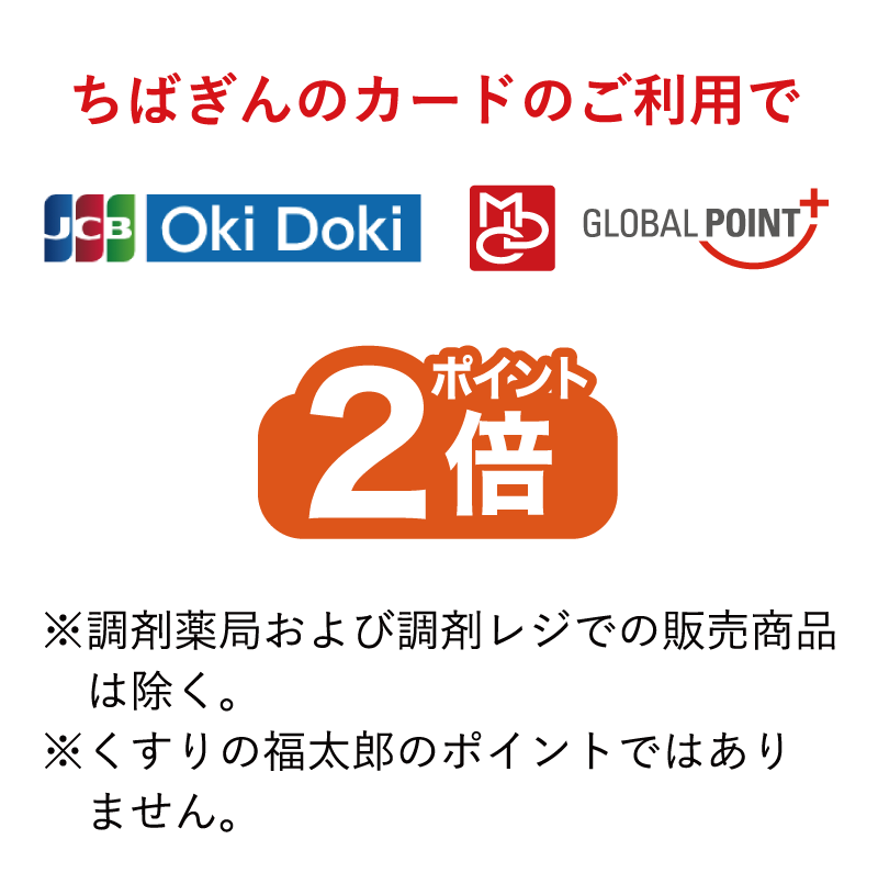 ちばぎんカードのご利用でJCB・Oki Doki・グローバルポイント2倍※調剤薬局および調剤レジでの販売商品は除く。※くすりの福太郎のポイントではありません。