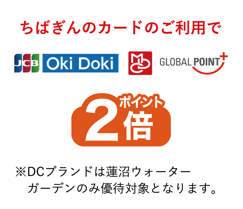 ちばぎんのカードのご利用でポイント2倍※DCブランドは蓮沼ウォーターガーデンのみ優待対象となります。