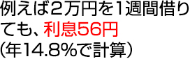 例えば2万円を1週間借りても、利息56円（年14.8%で計算）