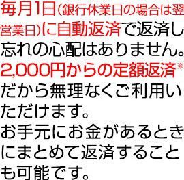 毎月1日に自動返済で返済し忘れの心配はありません。2,000円からの定額返済※だから無理なくご利用いただけます。お手元にお金があるときにまとめて返済することも可能です。