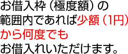 お借入枠（極度額）の範囲内であれば少額（1円）から何度でもお借入れいただけます。