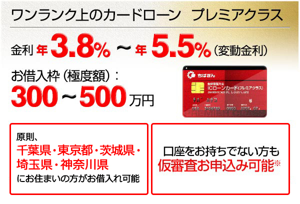 ワンランク上のカードローン プレミアクラス 年3.8％～年5.5％(変動金利) お借入枠（極度額）：300～500万円 原則、千葉県・東京都・茨城県・埼玉県・神奈川県にお住まいの方がお借入れ可能 口座をお持ちでない方も仮審査お申込み可能※2