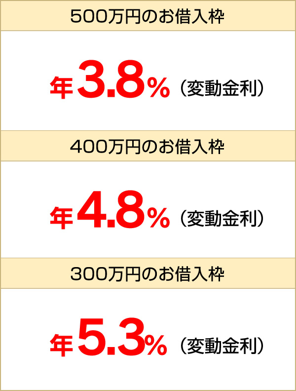 500万円のお借入枠 年3.8％（変動金利） 400万円のお借入枠 年4.8％（変動金利） 300万円のお借入枠 年5.3％（変動金利）