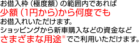 お借入枠（極度額）の範囲内であれば少額（1円から）から何度でもお借入れいただけます。ショッピングから新車購入などの資金などさまざまな用途※でご利用いただけます。