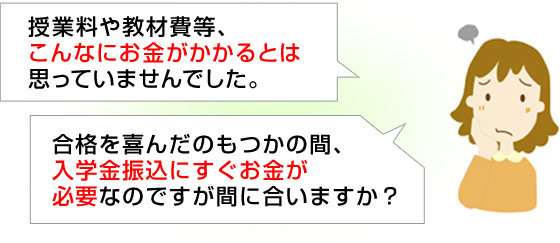 授業料や教材費等、こんなにお金がかかるとは思っていませんでした。 合格を喜んだのもつかの間、入学金振込にすぐお金が必要なのですが間に合いますか？