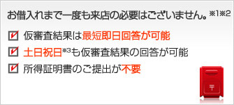 お借入れまで一度も来店の必要はございません。※1※2　仮審査結果は最短即日回答が可能　土日祝日※3も仮審査結果の回答が可能　所得証明書のご提出が不要