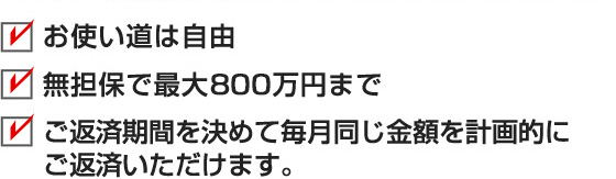 お使い道は自由　無担保で最大800万円まで　ご返済期間を決めて毎月同じ金額を計画的にご返済いただけます。