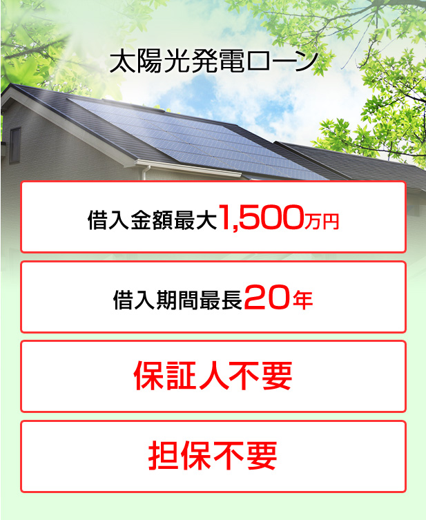 太陽光発電ローン 借入金額最大1,500万円 借入期間最長20年 保証人不要 担保不要