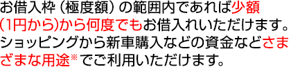 お借入枠（極度額）の範囲内であれば少額（1円から）から何度でもお借入れいただけます。ショッピングから新車購入などの資金などさまざまな用途※でご利用いただけます。